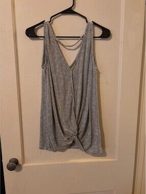 Daytrip Medium Gray and White Striped Twisted Front Tank Top